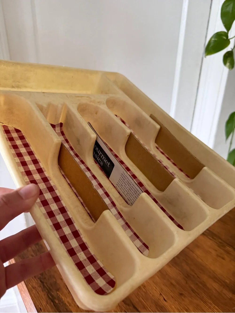 Rubbermaid Cream Cutlery Organizer with Red Gingham Inserts vintage